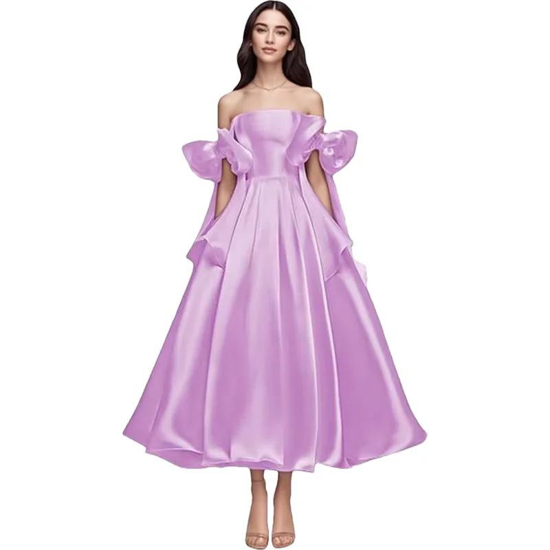 Elegant One-Shoulder Cross-Body Light Wedding Dress with Lace-Up Back and Puffy Skirt