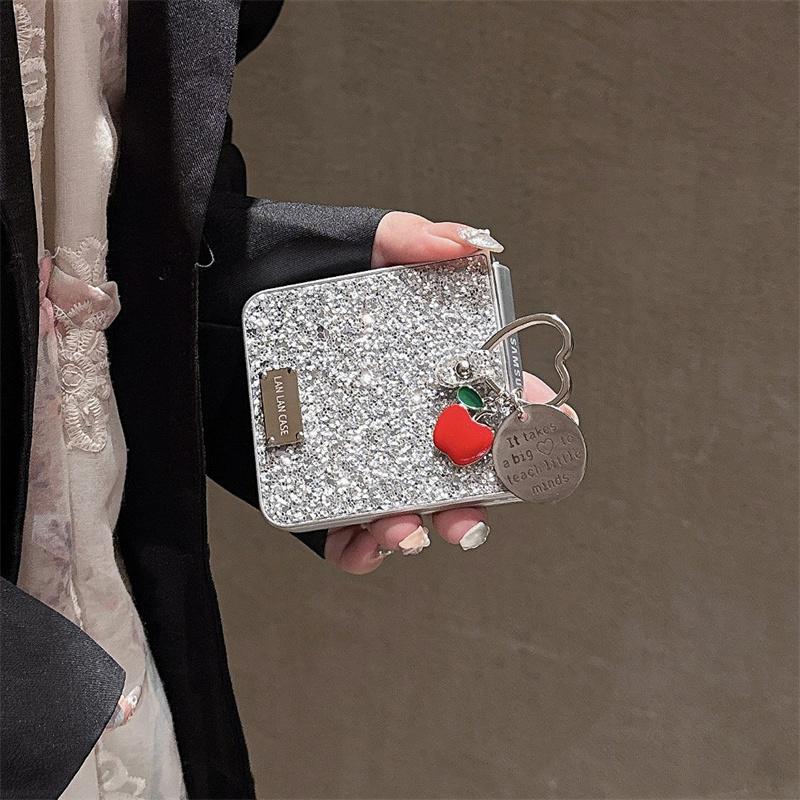 Fashion Silver Glitter Phone Case for Samsung Galaxy Z Flip 7 5 4 3 Cover with Love Ring Stand Cute Cases Flip6 Flip7 Flip5 Capa