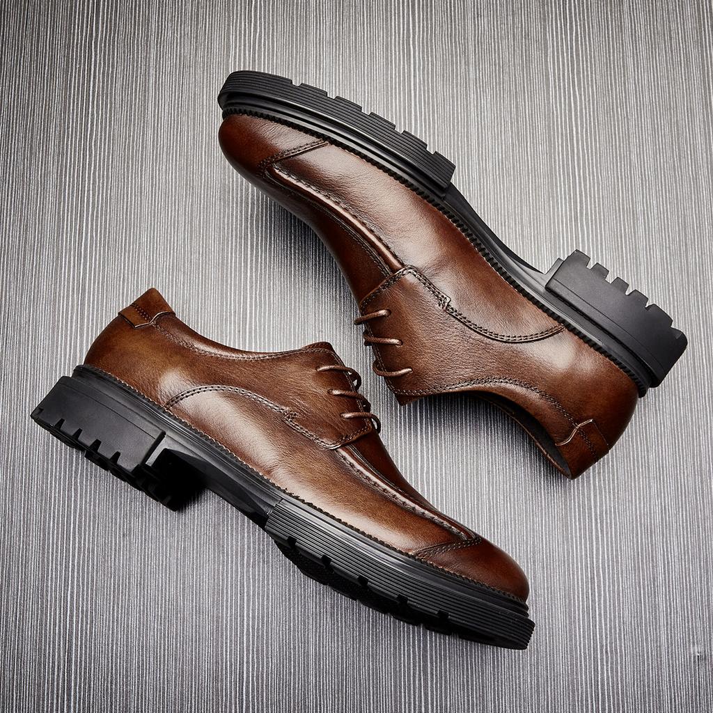 Men'S Retro Low-Top Casual Leather Shoes Spring Autumn Leather Single Shoes Business Dress British Lace-Up Men'S Shoes