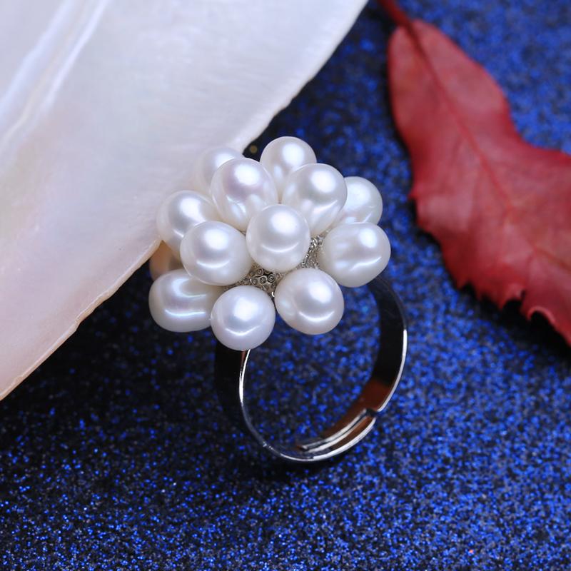 LSOOYH Natural Freshwater Pearl Rings For Women Fashion Female Flower Multi-Pearl Adjustable Ring