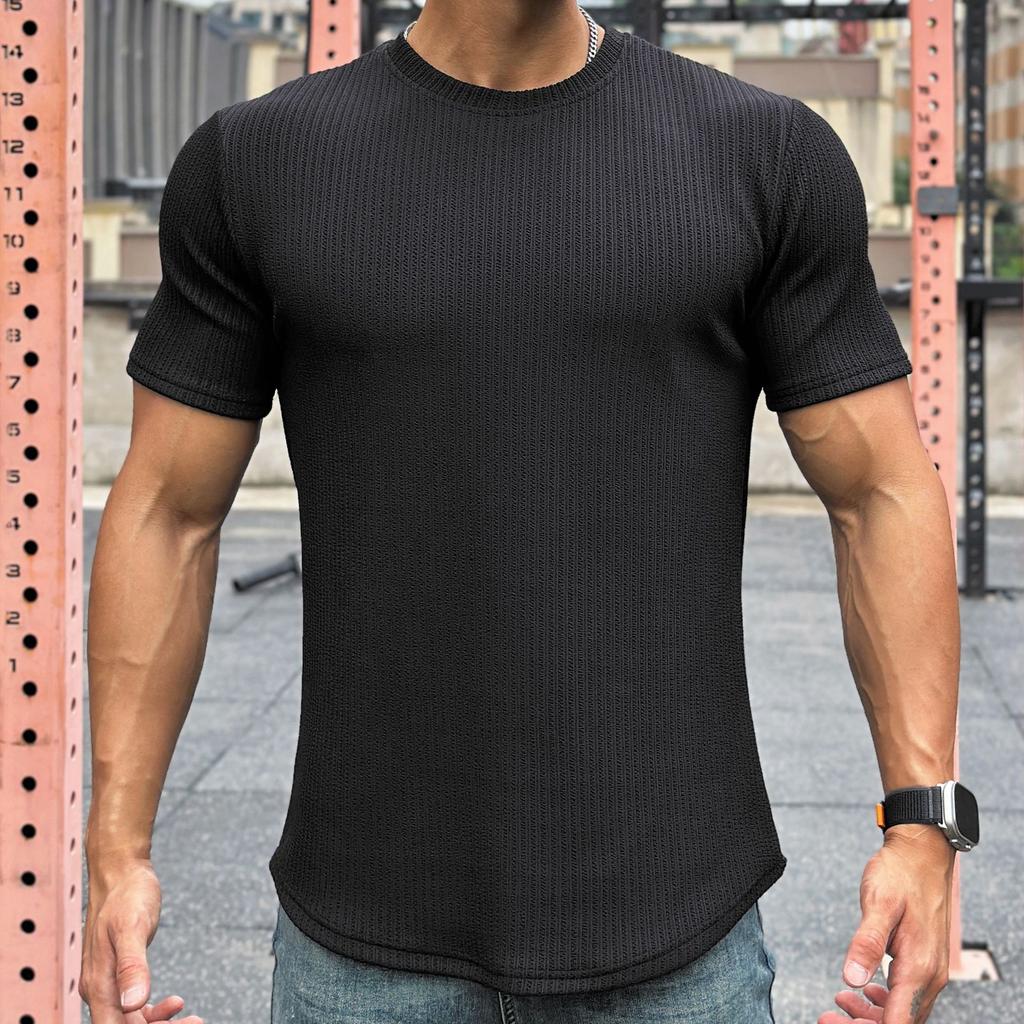 American Style Men's Summer Short Sleeve Slim Fit Fitness Top Solid Crew Neck Training T-shirt