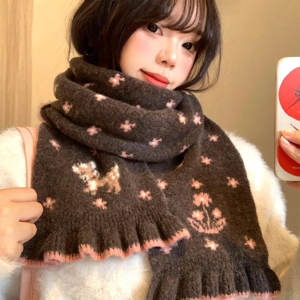 Nuova Sciarpa Lavorata a Maglia con Cervo Piccolo Sciarpa Calda Invernale in Lana con Motivo Floreale Bordatura in Pizzo Double-Sided Sciarpe in Cashmere Pashmina