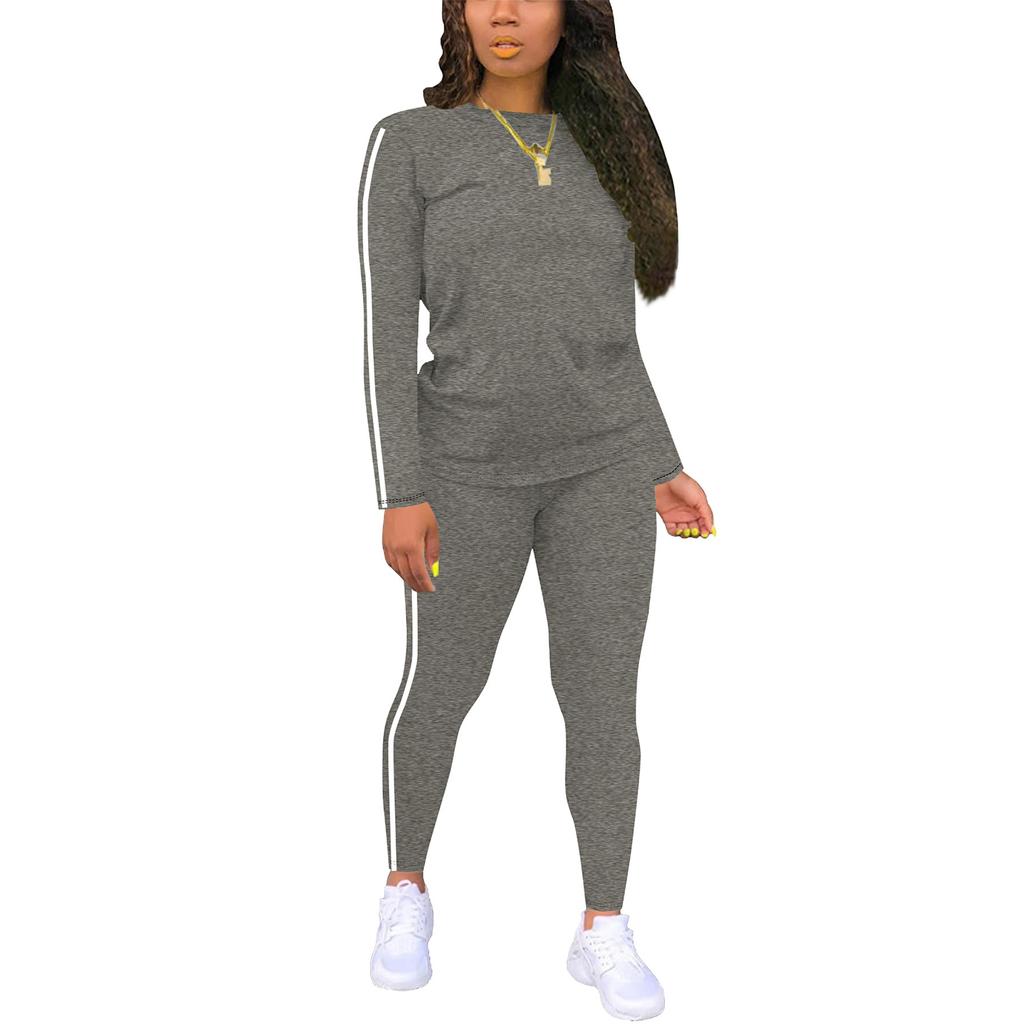 Women's Round Neck Long Sleeve Patchwork Top And Trousers Set With Side Patches Two-Piece Suit