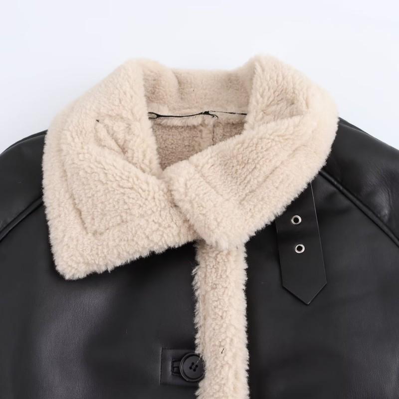 Womens Stylish Faux Leather Double-Sided Jacket Loose Fit Mid-Length Coat Black Winter 2025
