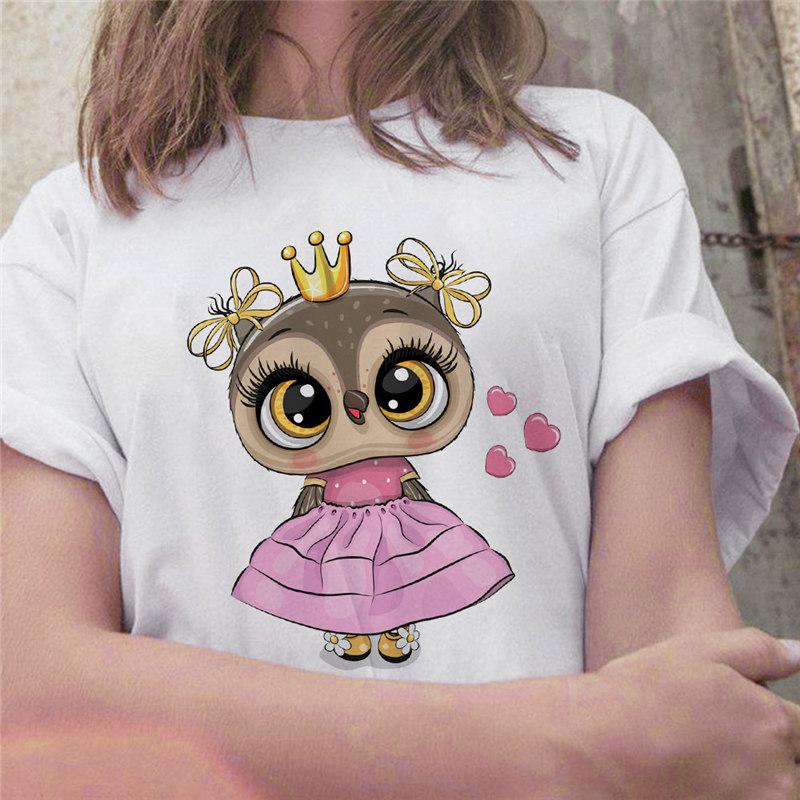Camisetas de Verano con Estampado de Búho Retro Sueltas Blancas Cuello Redondo Manga Corta para Mujer