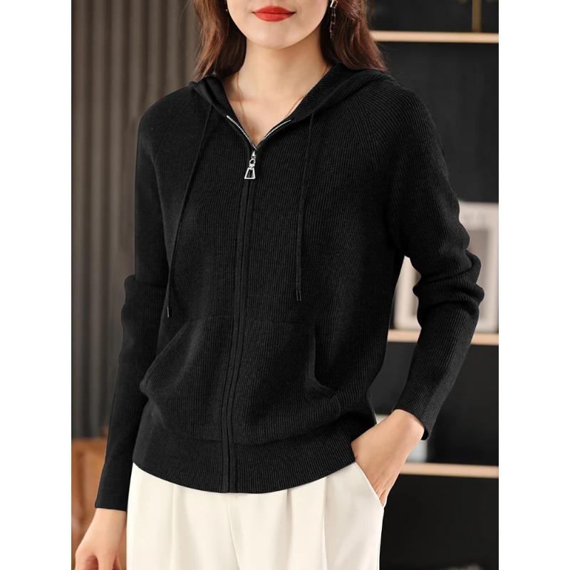 Damen Herbst Winter Wollmischung Pullover Mit Kapuze Verdickt Gestrickt Reißverschluss Strickjacke Mit Tasche Basis Mantel