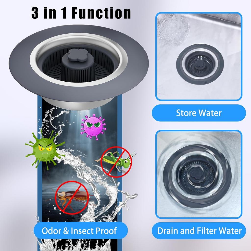 2 Pack - 3 in 1 Kitchen Sink Drain Strainer, 304 Stainless Steel Bounce Core Sink Stopper with Basket Filter Pop-up Sink Plug for Standard 3-1/2 Inch