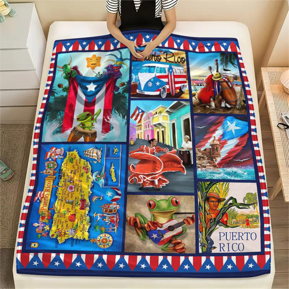 1Pc Puerto Rico Print Flannel Blanket, High quality Comfortable for All Seasons, Home Decor, Warmth and Comfort, Perfect for Christmas Gifts