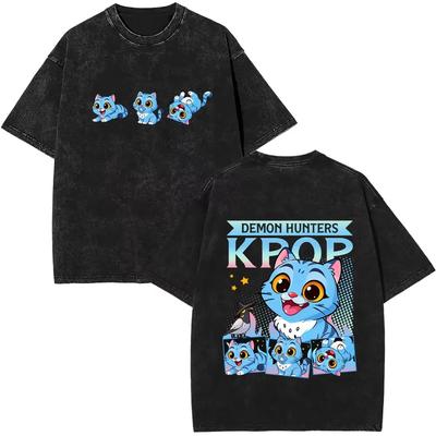 Movie Kpop Demon Hunters Derpy Tiger Vintage Washed T-shirt Men Women Cartoon Fashion Streetwear Men's Fun Oversized T Shirts