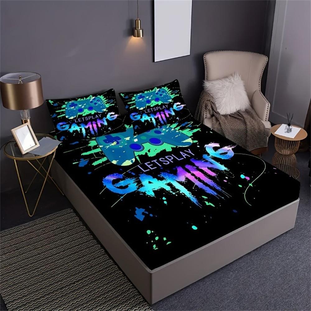 Painted Player Game Controller Print Fitted Sheet Set Mattress Cover Bedding Comfortable Breathable Bedding Set With Deep Pocket