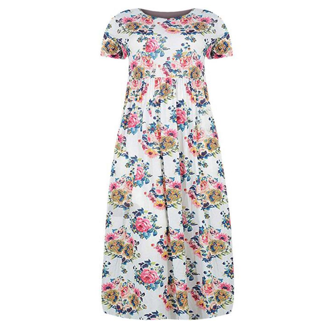 Plus Size Women Casual O-Neck Summer Short Sleeve Print Loose Pocket Long Dress