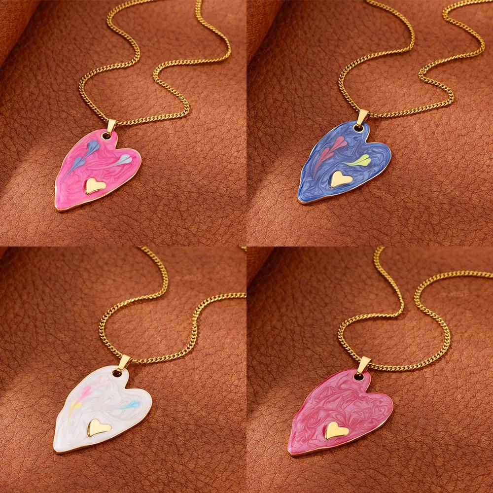 Coloful Heart Stainless Steel Necklace Gold Color Chain Necklaces Choker for Women Trendy Zircon Birthday Gifts Collar Mujer