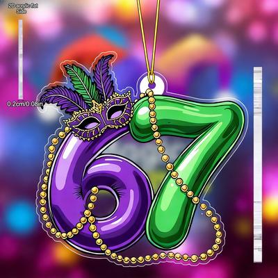 Acryl Sechs Sieben Mardi Gras Ornament mit goldenem Maskenmuster | Transparente Anhänger, Tropfen & Spitzen mit der Zahl 67 geformt - Ideales Karneval Geschenk