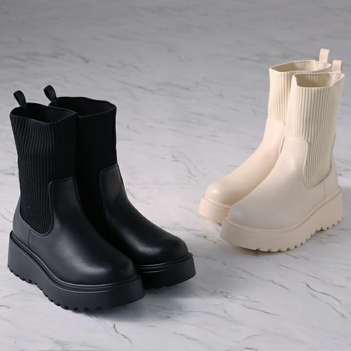 Vivian Women's Knit Boots, Platform Short, V6360AW, Beige, Size L (24.0-24.5)