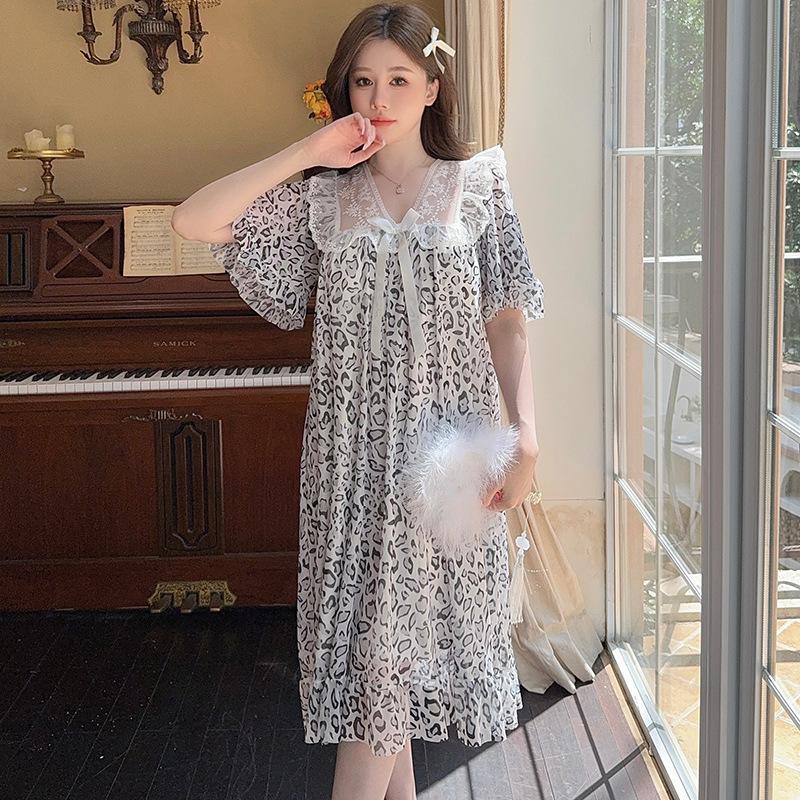 Linglei Summer Printing Color Lace Bow Mesh Court Princess Style Long Nightdress Pajamas Loungewear Women