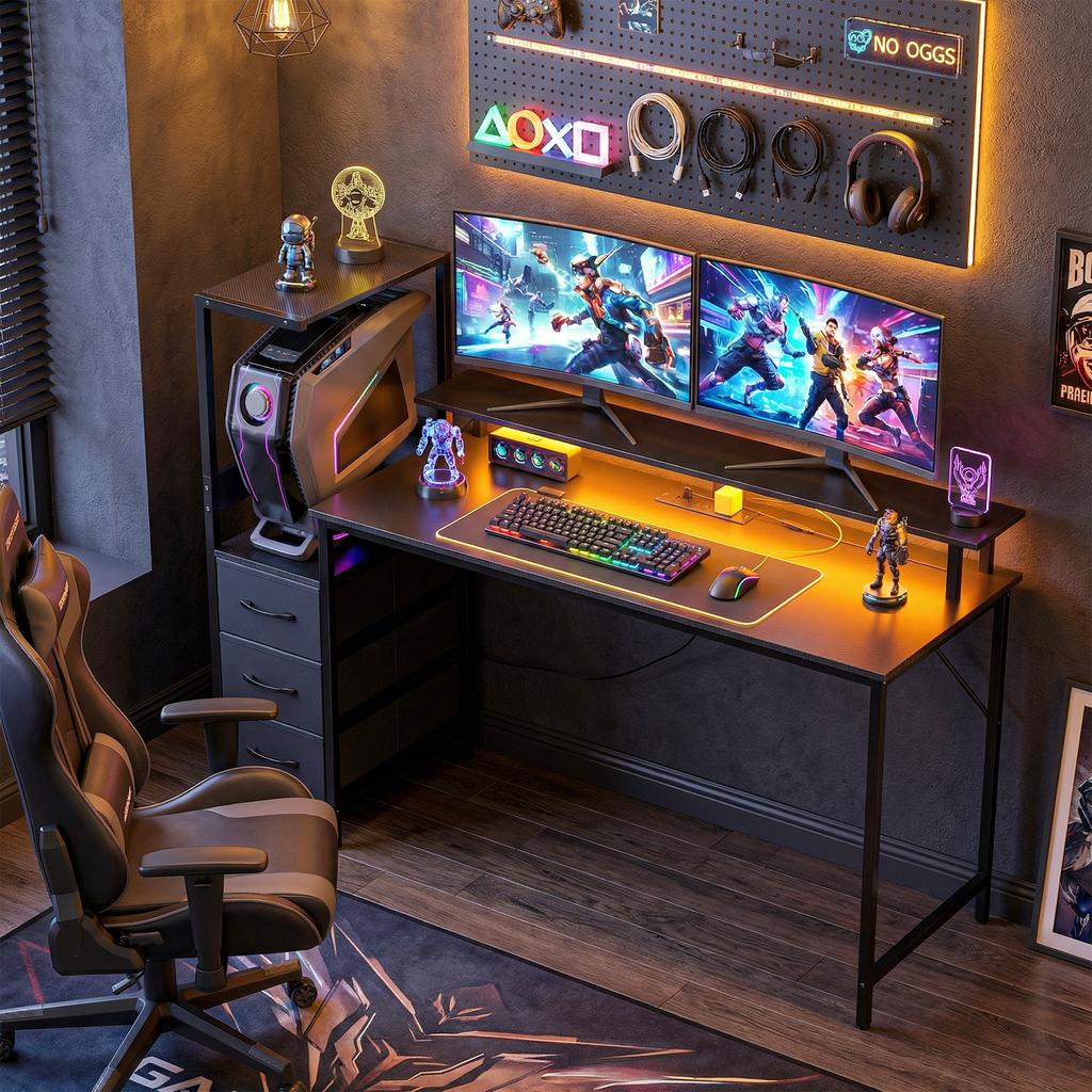 147cm Gaming Desk with Charging Station and Monitor Stand, Computer Table for Home Office with RGB Lights, Black