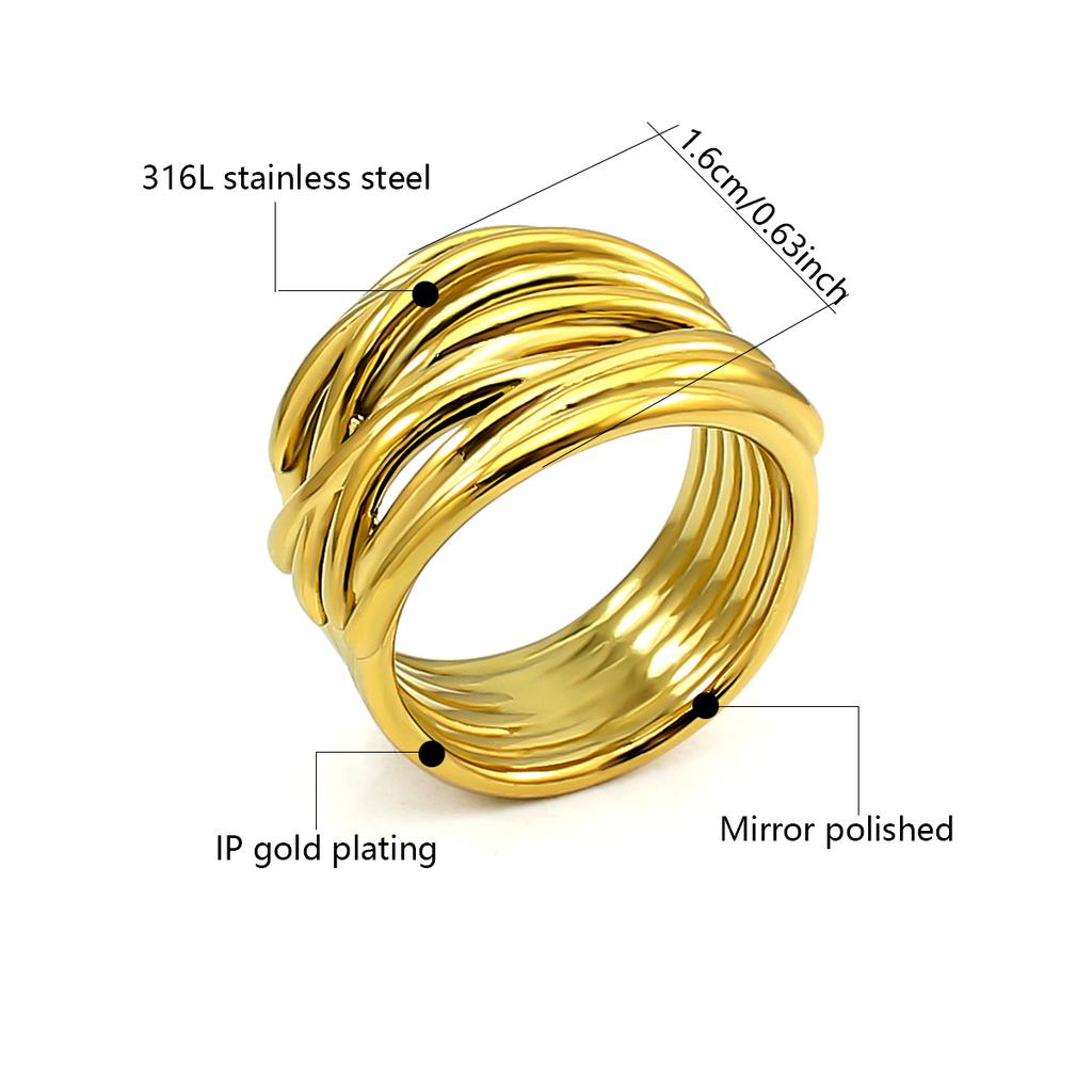 Fashion Jewelry Stainless Steel 18K Gold Plated Metal Geometric Wide Ring Irregular Woven Wrap Closed Rings for Women