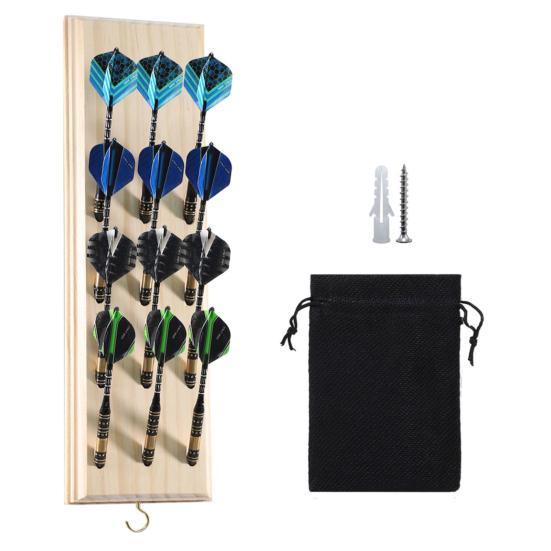 Wall Mounted Dart Holder Wooden Dart Caddy 12 Tip Dart Stand Display Rack with Metal Hook And Accessory Storage Bag