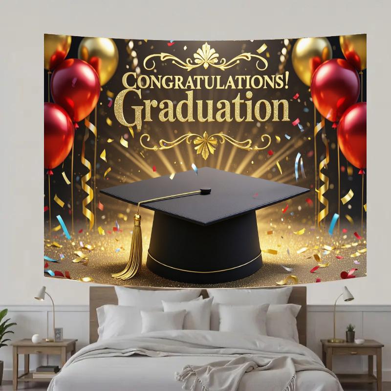 Abschluss-Hintergrund mit "GRADUATION"-Text, Ballons- und Konfetti-Design für Rasen im Freien, Gartenfeiern und Abschluss-Party-Dekor, Abschluss-Dekor