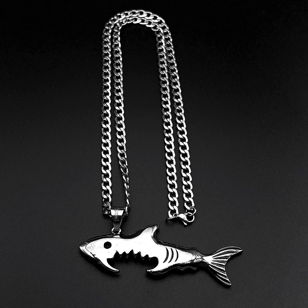 Fish Shark Beer Bottle Opener Pendant Necklaces for Men Stainless Steel Silver Color Multi-Function Hip Hop Male Chain Jewelry