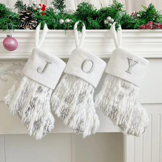 1Pc Christmas White Stocking Letter Embroidery Knitted Handmade Reusable Xmas Tree Hanging Gift Bag Stocking Pendant Party Holiday Decoration