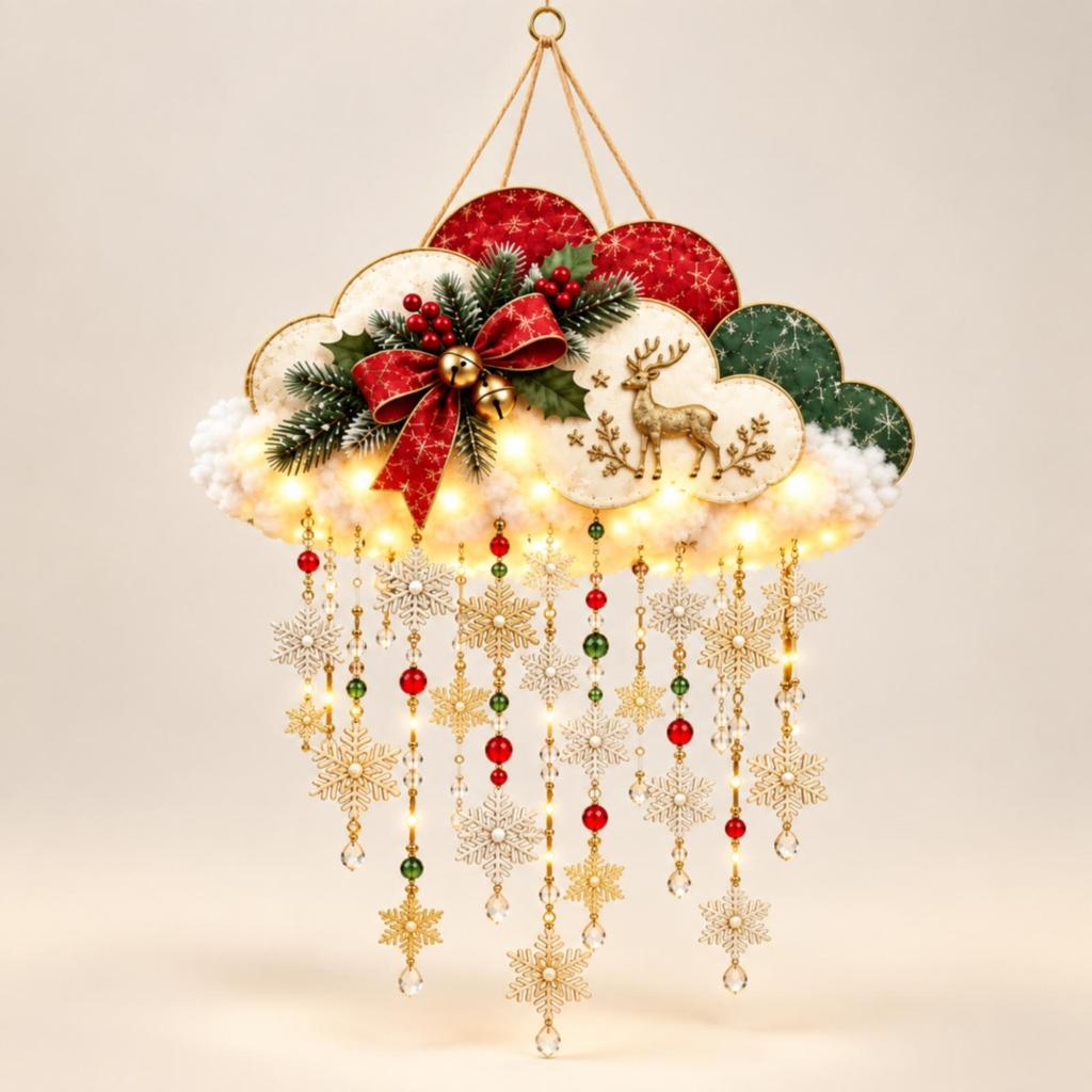 Snowflake Puff Hanging Decoration Lighted LED Felt Christmas Decor Ready to Hang