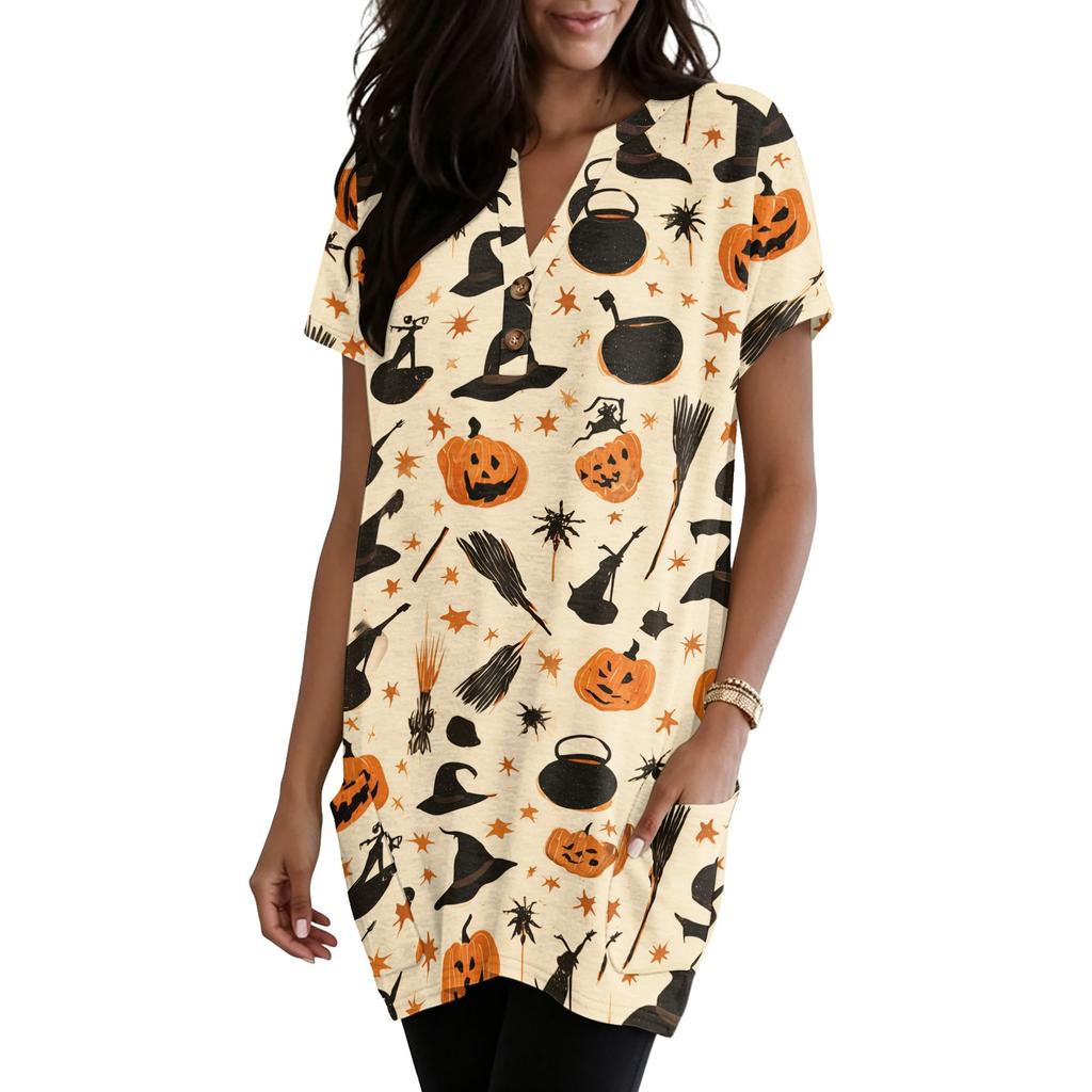 Women V Neck Halloween Print Short Sleeve Pullover Top with Pocket Loose Fit Web Pumpkin Design Tunic Shirt Blouse
