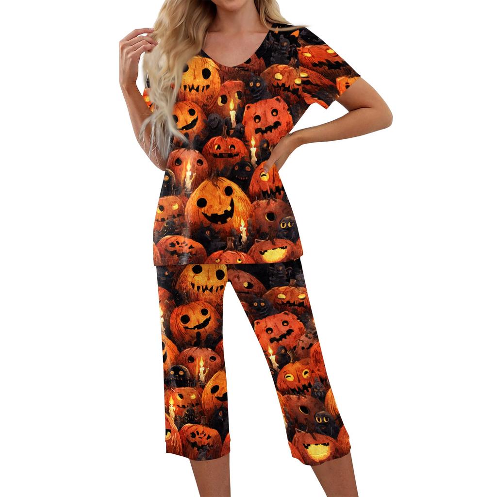 Womens Halloween Two Piece Set Short Sleeve Top with V Neck and Capri Pants Casual Lounge Wear Printed Ghost Pumpkin Pattern