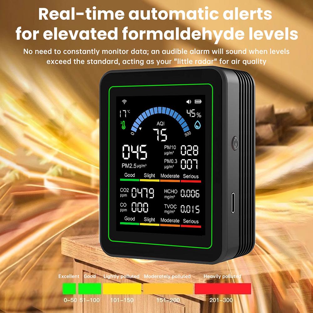 Upgraded 10-in-1 Air Quality Detector with 24-Hour Battery Life PM2.5 Formaldehyde TVOC Temperature Humidity CO2 Monitor
