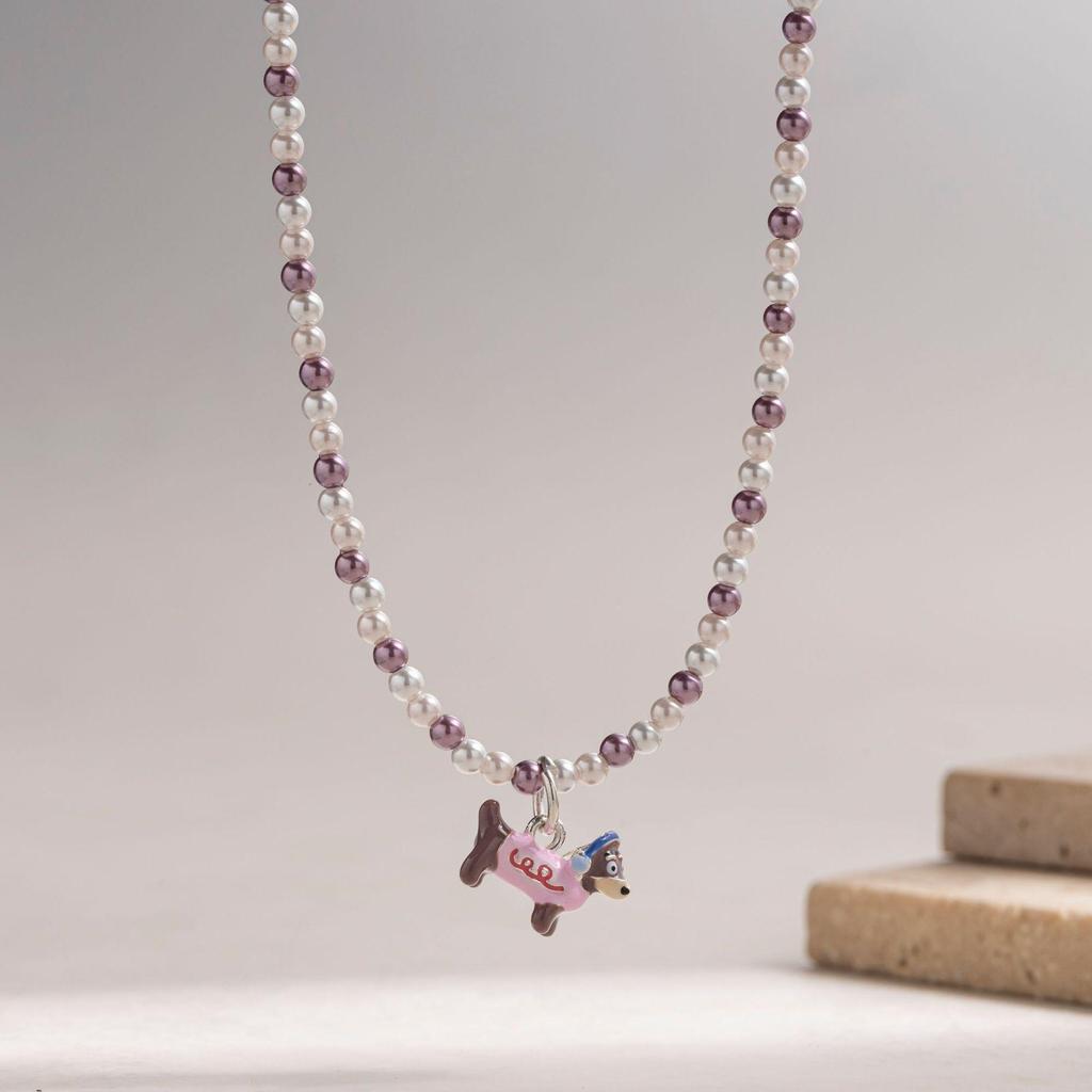 Korean Style Cute Sausage Dog Pendant Faux Pearl Necklace for Women