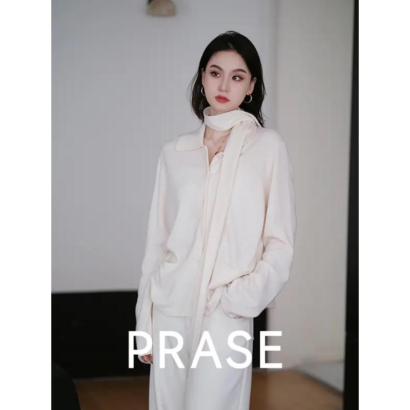 PRASE Women s Wool Blend Ribbon Tie Shirt Collar Sweater 2XL
