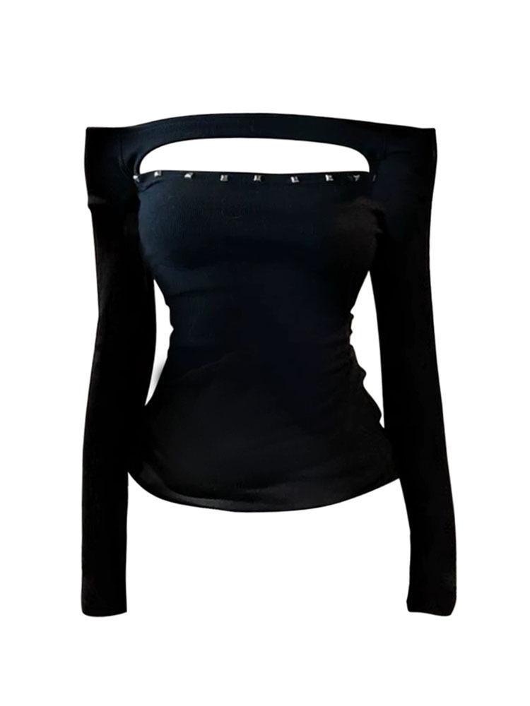 Spicy Girl One-Shoulder Hollow-Out Long-Sleeve Top - Spring/Autumn Slim-Fit Off-the-Shoulder Style