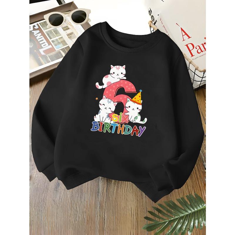 Kids Unisex Crewneck Sweatshirt, Cute White Spotted Cat Number Six Six Birthday Colorful Letter Long Sleeve Pullover For Boys Girls Over 4 Years Old