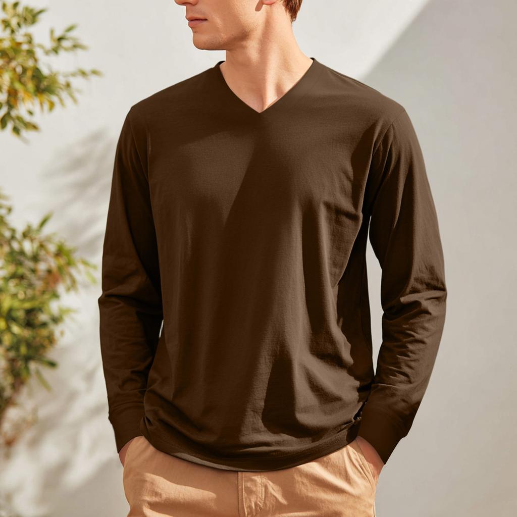 Men's V-neck Casual Solid Color Long-sleeved T-shirt Top