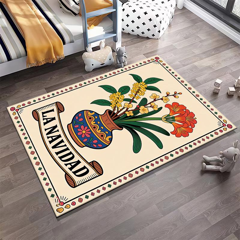 Blumenvase Druck Teppich mit "La Navidad" Text und festlichem Design Geeignet für den Einsatz als Anti-Rutsch für Wohnzimmer Schlafzimmer Sofas