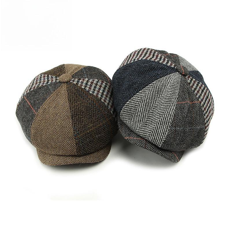 Men's Patchwork Woolen Newsboy Cap Retro British Herringbone Tweed Octagonal Hat Autumn Winter Warm Baker Boy Cabbie Hat