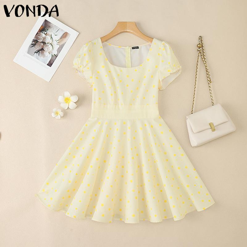 VONDA Women Square Collar Puff Sleeve Polka Dots Casual Pleated Dress