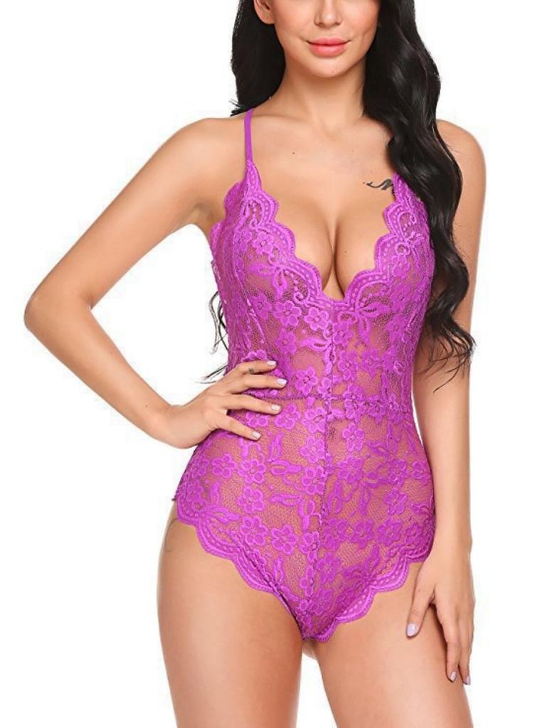 Plus Size Transparent Lace Sexy Crotchless Lingerie Women Bodysuit Erotic Pajamas Deep V Open Bra Underwear Set Exotic Clothing