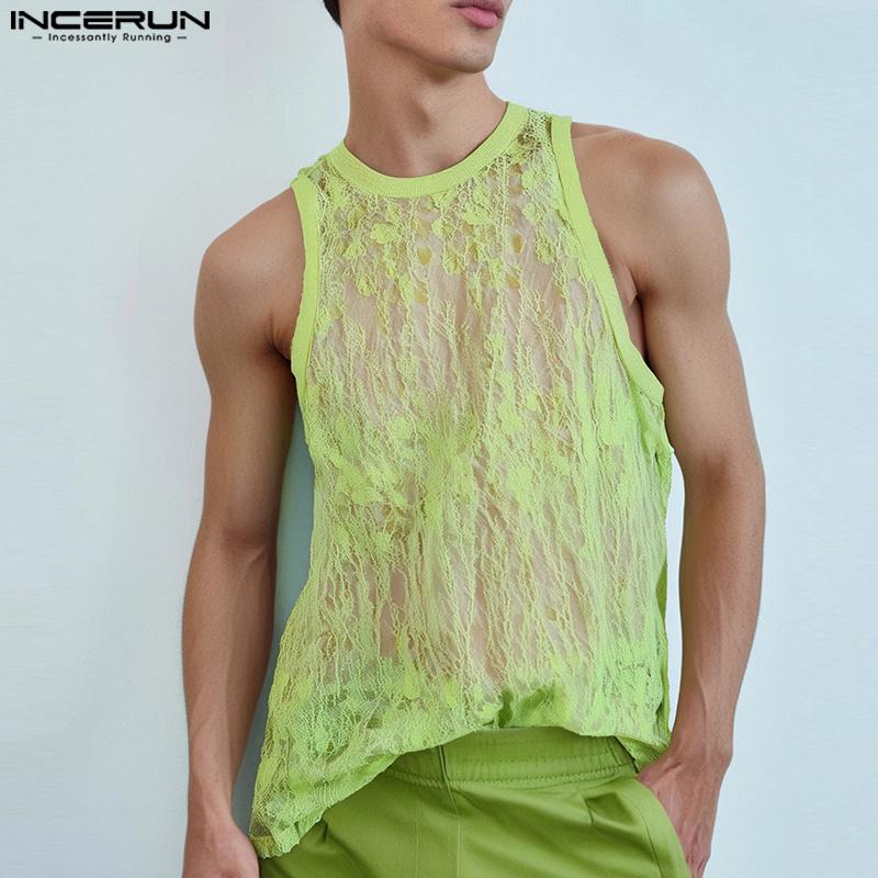 INCERUN Vară Bărbați Fără mâneci Plasă Transparent Dantelă Larg Maieuri