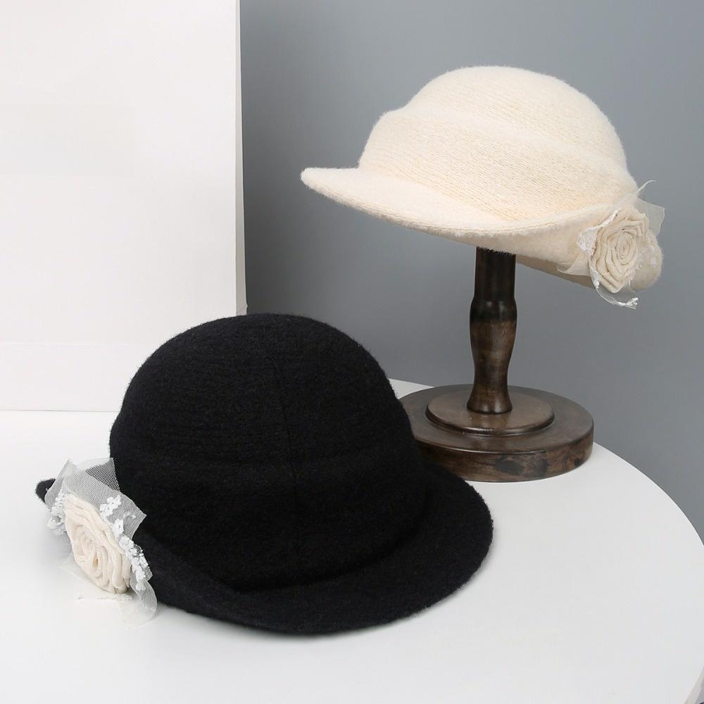 Lace Black Knitted Hat French Style Women Fisherman Hat Retro Hepburn Style Topper Hat Funeral