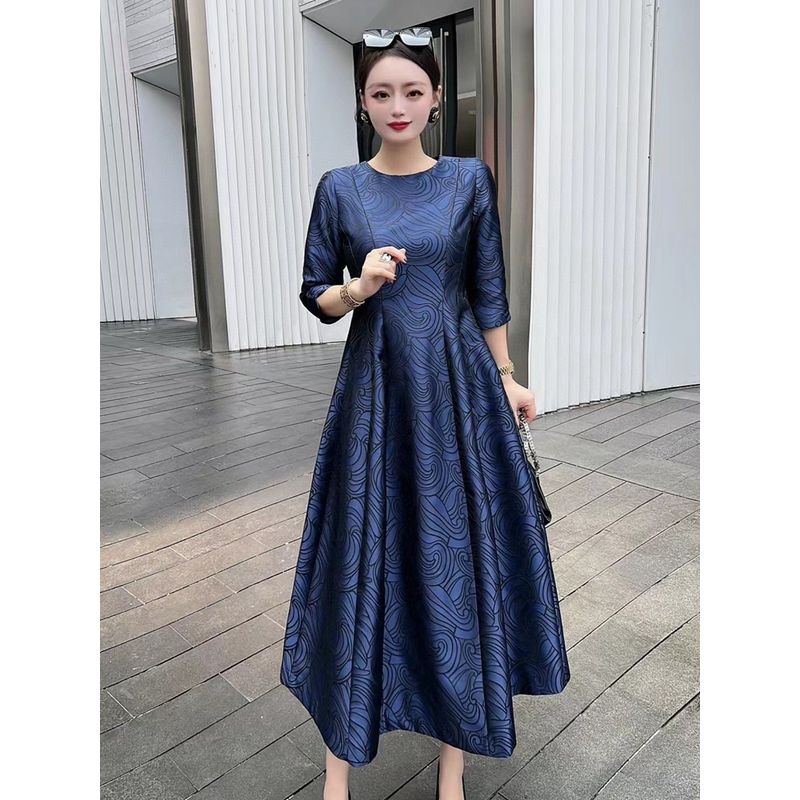 

Long Wine Red Autumn and Winter Slim-Fit Dress with Large Hemline Dark blue(Waist 94) 3XL