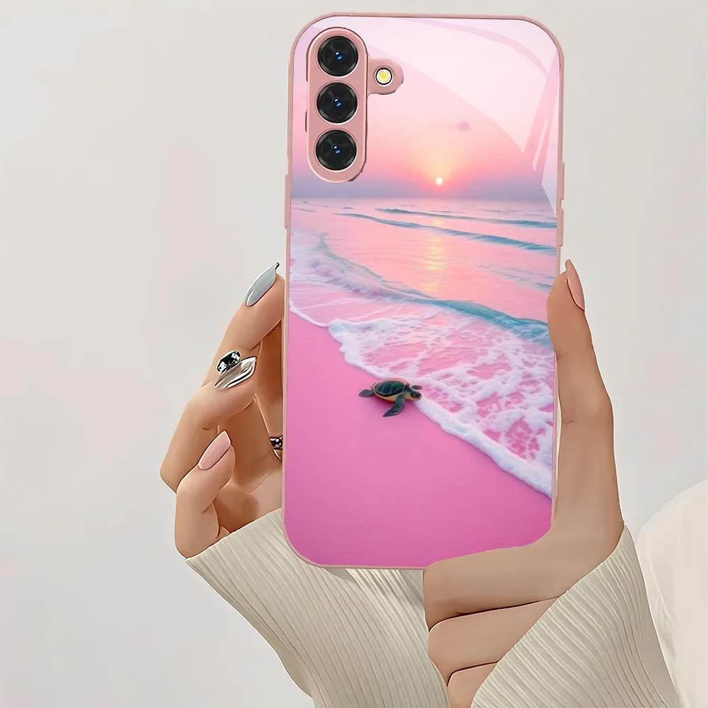 Turtle Seaside Glass Phone Case Suitable for Samsung Galaxy S26 S25 S24 S23 S22 S20 FE/Ultra/Plus Shock resistant Rear Cover