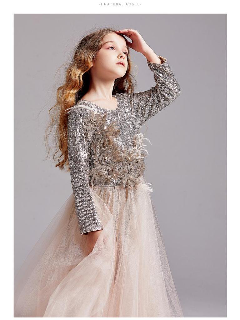 Rochie Tutu de Prințesă cu Paiete pentru Fete, Ținută de Spectacol și Bal cu Mânecă Lungă