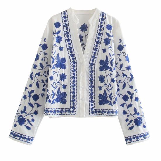 

Сорочка з V-подібним вирізом і довгим рукавом, однобортна квіткова вишивка, жіноча блузка для побачень L