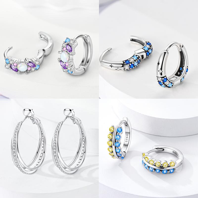 Boucles d'Oreilles Créoles en Argent 925 Zircon Coloré Boucles d'Oreilles Créoles Pavées Pour Femmes Filles Bijoux Cadeau