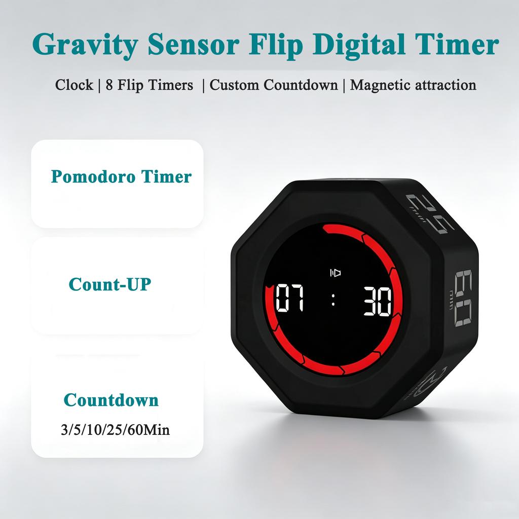 Flip Pomodoro Timer Schwerkraftsensor LED Produktivitäts-Timer USB-C Wiederaufladbar Countdown 3/5/10/25/60 Timer für Arbeit Studium Küche