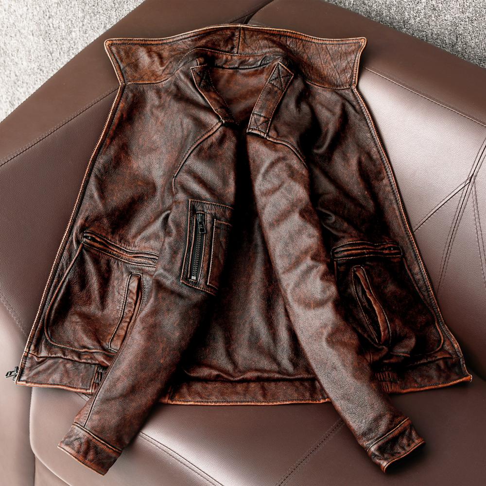 Jaro a podzim Nová bunda z pravé kůže Muži Vintage Hovězí kůže Kabát Běžné Muži Letecký oblek Velikost S-5XL