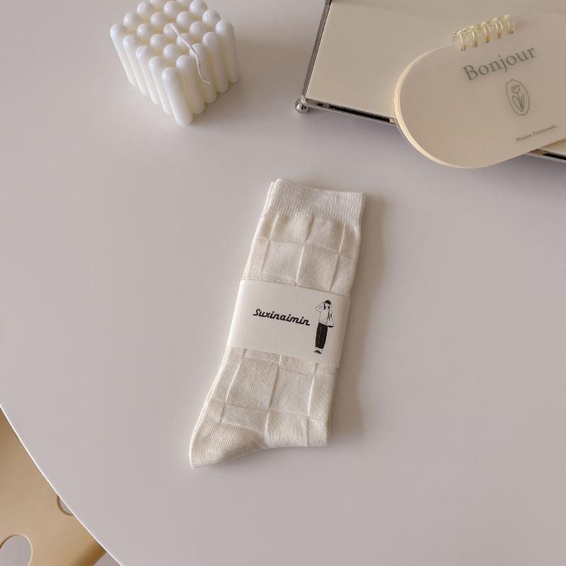 White Pile Pile Socks - Spring and Autumn Fine Combed Cotton Moisture-wicking Ladies' Socks, Trendy Mid-calf Socks, Cream-colored Socks