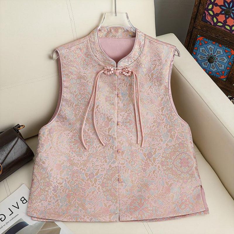 2026 Chinese Brocade Sleeveless Vest: Retro Frog Button Jacquard Top for Middle-Aged and Elderly Women
