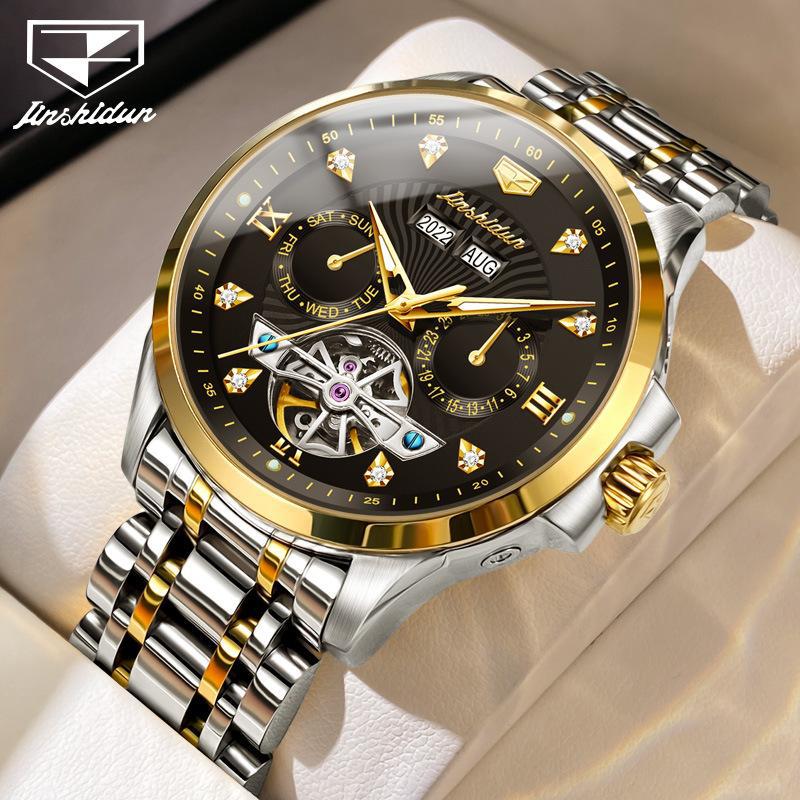 JINSHIDUN Tourbillon Automatic Mechanical Watch, Multi-functional Sports Waterproof Luminous Men's Watch